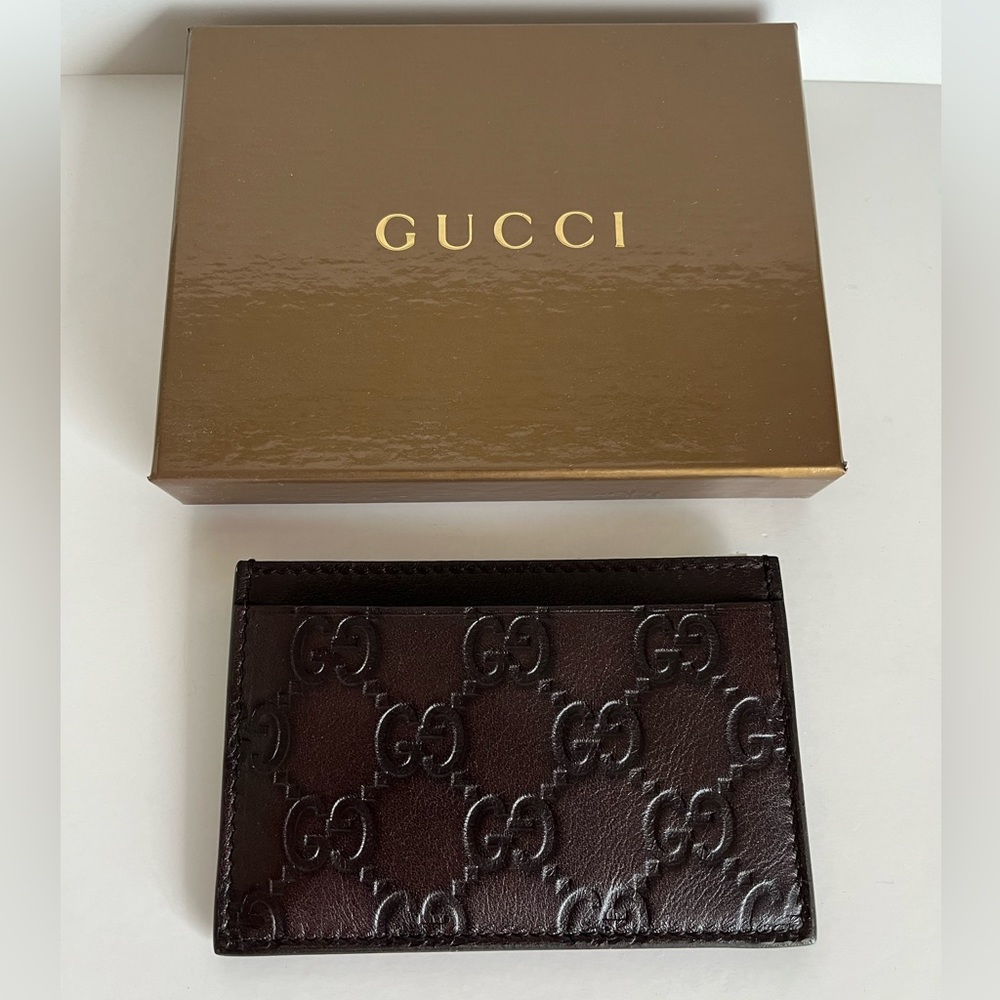 Brand New GUCCI Signature Leather Card Case Wallet - Dark Brown
